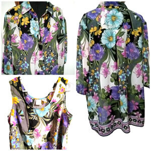 2 piece Roaman’s 18W Floral 3/4 Sleeve Sheer Button Blouse & Tank Duster Kimono